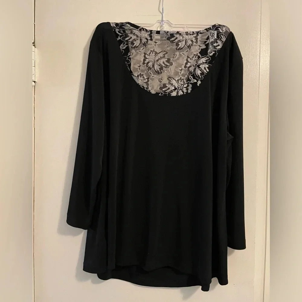 Susan Graver Black Pleated Cowl Neck Back Lace Panel Blouse Top 3/4 Sleeve Large - Picture 5 of 10